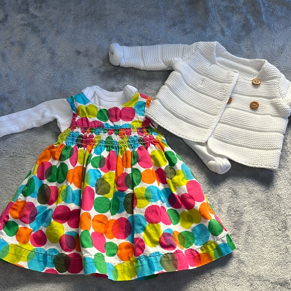 Carter's Multicolor Polka Dot Dress with White Knit Cardigan